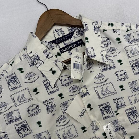 Vintage Nautica Shirt Men's medium Camo Loop Collar Stamps Geometric Coffee NEW - Picture 6 of 8